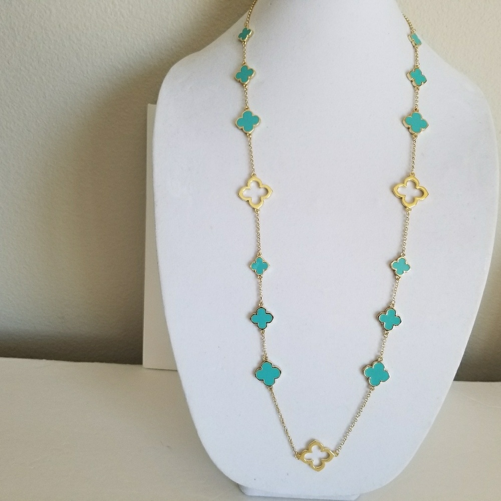 Clover Necklace,36" Long,Turquoise Four Leaf Clover
